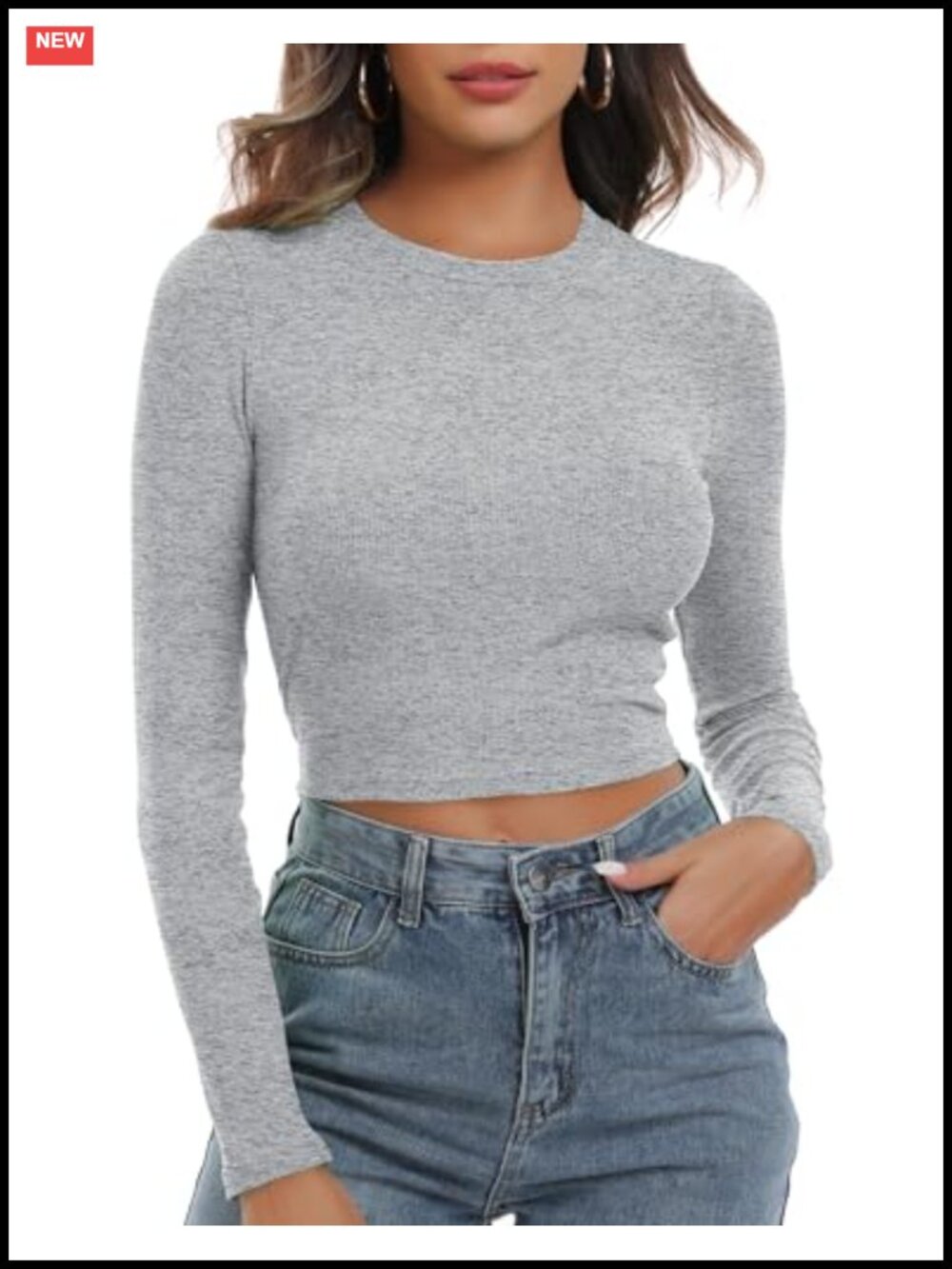 Knit Ribbed Long Sleeve Fitted Crop Top Crew Neck Basic Tee